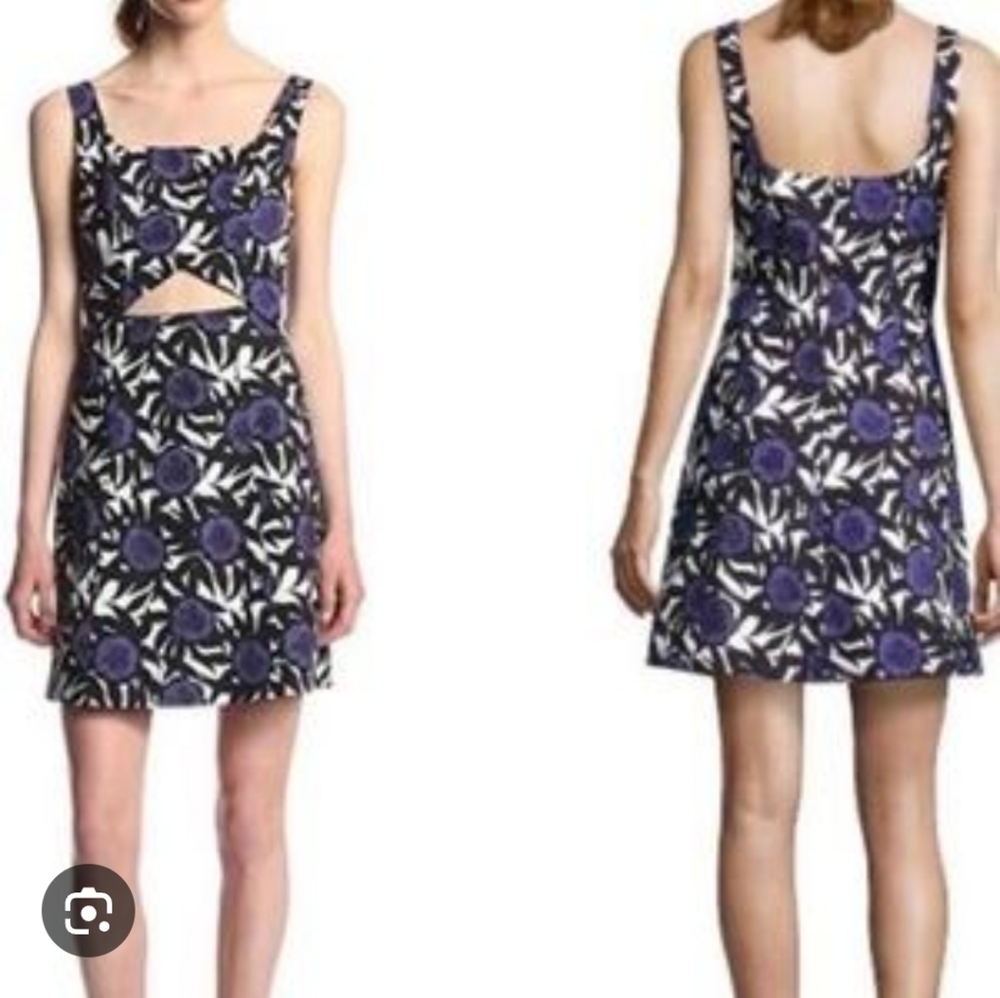 Rebecca Minkoff Sz 4 B&W Purple Floral Abstract Print Cut Out Mini Dress NEW